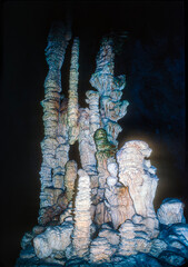 Stalagmite formations inside the Aven d'Orgnac cave in Ardèche, France