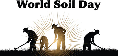 Silhouette of farmers working in a field celebrating World Soil Day with sun rays