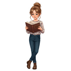 Cute Cartoon Woman Standing and Reading a Book - Casual Style Illustration