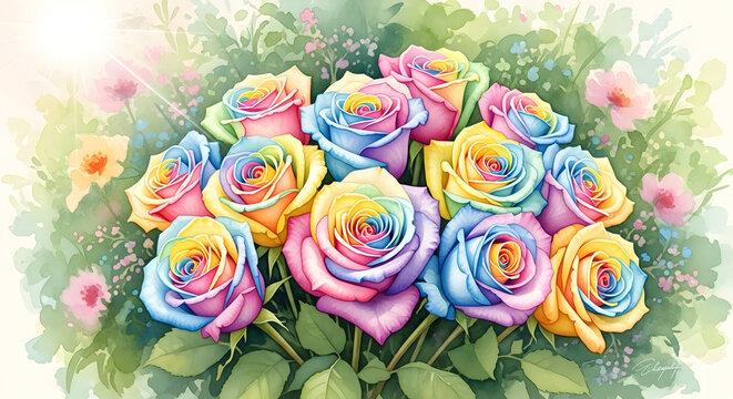 In a garden of color, a bouquet bursts with the soft radiance of a summer dawn—a painter’s palette pressed into petals. Each rose is a whisper of sunlit hue: blush pinks, powder blues, lemon yellows, 