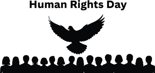 Human Rights Day celebration with a dove silhouette symbolizing peace above a crowd of people