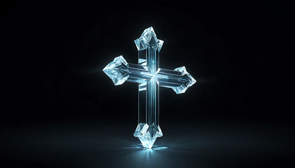 Ice Crystal Cross Glowing Transparent Sculpture on Dark Background