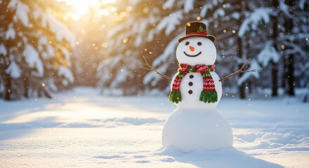 Obraz premium Snowman with hat and scarf standing on snowy ground in winter forest