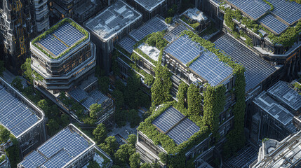 An aerial view showcases a futuristic cityscape with buildings, where nature intertwines with urban development. Greenery adorns rooftops and facades.