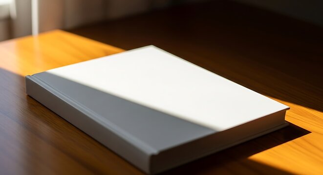 Closed white book with blank cover resting on a wooden table, illuminated by natural light and shadow, ideal for custom design