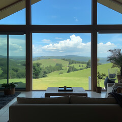 A tranquil living area features a picturesque view of rolling green hills.