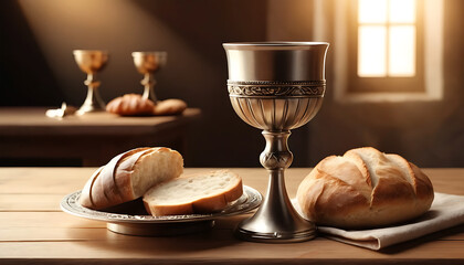 Religious Bread and Chalice on Wooden Table with Sunlight Through Window