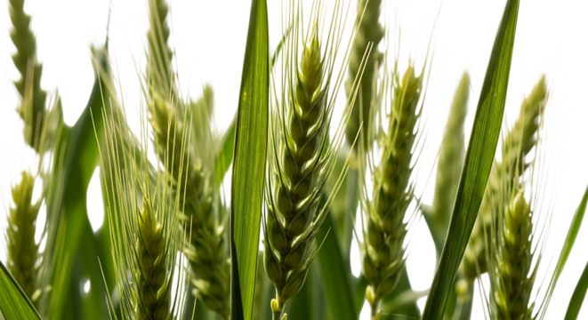 green wheat stalks, with detailed texture and blades, cutout, PNG isolated on transparent background