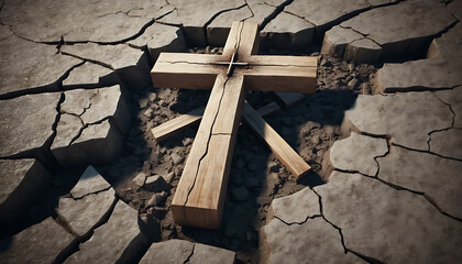 Wooden Cross on Cracked Earth Symbolizing Faith and Destruction in Harsh Environment