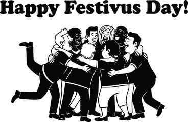 Happy festivus day message with diverse group of people hugging in celebration