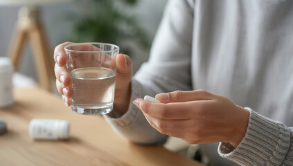 Close-up view of a woman&rsquo;s hands holding a single medication capsule and a clear glass of water