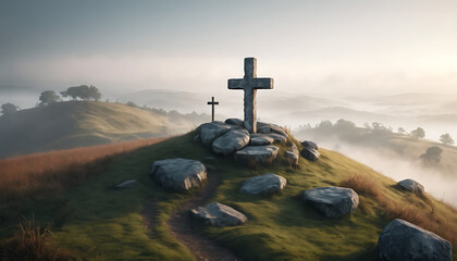 Scenic Hilltop with Crosses on Rocky Green Landscape Under Misty Sky