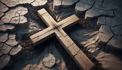 Wooden Cross on Cracked Earth in Dry Landscape with Shadows and Parched Soil