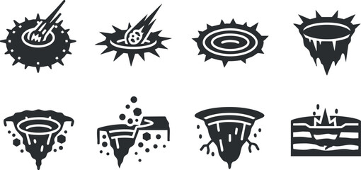 Naklejka premium Bold black and white vector icons depicting various explosion and impact effects, ideal for graphic design and branding projects