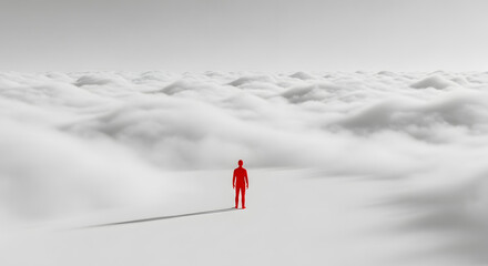 Solitary red figure stands on a path above a sea of white clouds under a gray sky