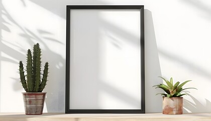 Square Blank Frame Mockup with Plant on Marble Floor &ndash; Minimal Interior Design