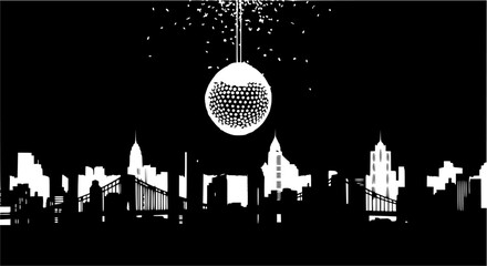 Black and white new year's eve ball drop over a cityscape silhouette with confetti falling down
