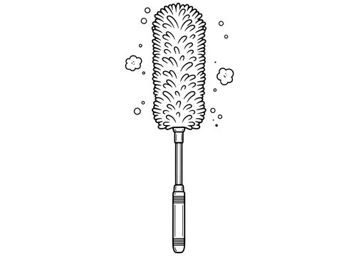 Fluffy feather duster for household cleaning. Dusting tool with dust particles. Black and white line art vector illustration for hygiene and chores.