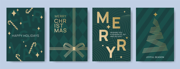 Set of four green and gold Christmas and holiday greeting card templates with candy cane, ribbon gift layout, and linear Christmas tree on striped backgrounds. Holiday season concept