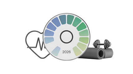 Fitness-themed conceptual image with a heart rate monitor and exercise equipment.
