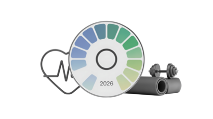 Fitness-themed conceptual image with a heart rate monitor and exercise equipment.