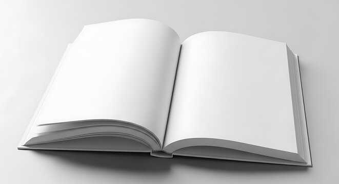 Open blank book with white pages on a subtle light gray background, providing ample copy space for custom content, ideal for mockups and design projects