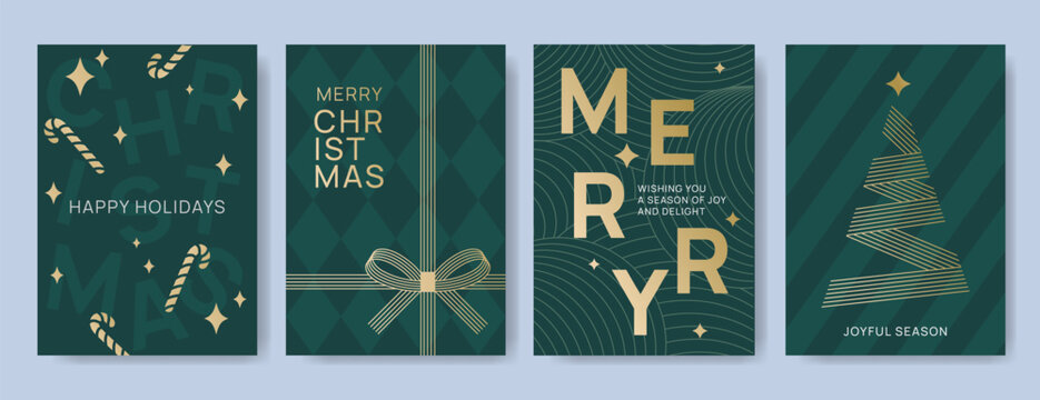 Set of four green and gold Christmas and holiday greeting card templates with candy cane, ribbon gift layout, and linear Christmas tree on striped backgrounds. Holiday season concept