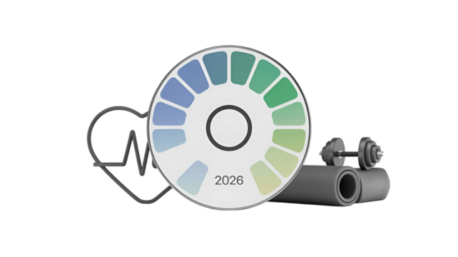 Fitness-themed conceptual image with a heart rate monitor and exercise equipment.