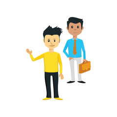 Two diverse cartoon men, one waving and one with a briefcase. Vector