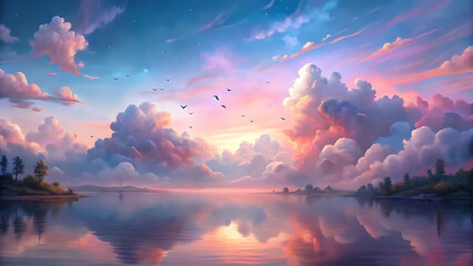 Beautiful sunset over the lake with clouds and birds in the sky