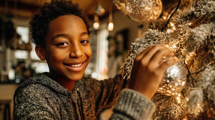 Portrait of smiling African-American boy decorating Christmas tree at home