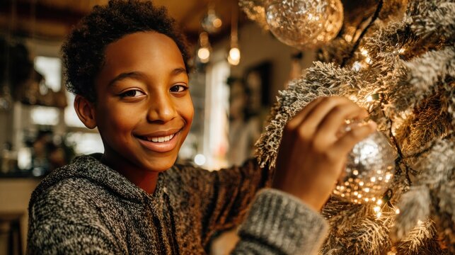 Portrait of smiling African-American boy decorating Christmas tree at home - Powered by Adobe