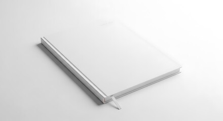 Blank white book with bookmark, closed, on white surface, ready for custom design or branding, isolated on white background