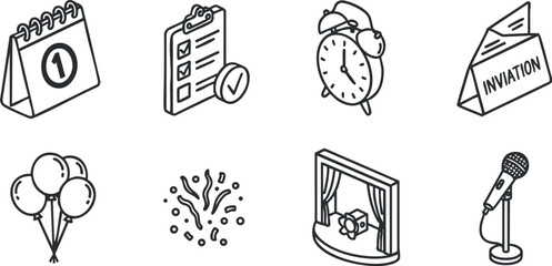 Outline vector icon set featuring celebration elements like calendar, checklist, clock, invitation, balloons, and microphone for event planning.