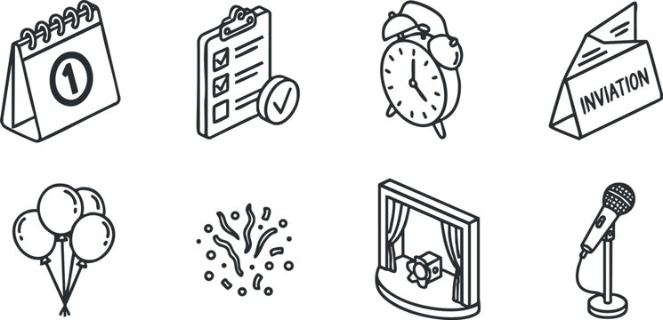 Outline vector icon set featuring celebration elements like calendar, checklist, clock, invitation, balloons, and microphone for event planning.