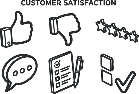 Set of modern vector icons representing customer satisfaction concepts, including feedback, ratings, and evaluation tools.
