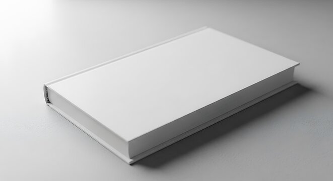 Blank white book with a clean cover, closed and lying flat on a light surface, ideal for showcasing custom designs or branding
