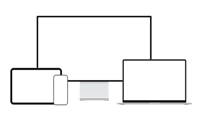 Set of digital devices with blank screens, monitor, tablet, smartphone and laptop for showing web design and apps interfaces