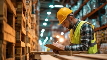 Diligent warehouse worker wearing a safety vest and helmet takes notes while overseeing pallet organization in a busy distribution center - Powered by Adobe