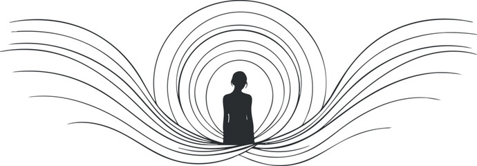 Abstract minimalist vector illustration of a woman silhouette surrounded by flowing lines, symbolizing energy and mindfulness.