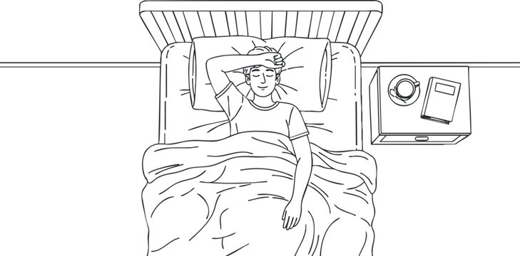 Minimalist line art illustration of a person lying in bed, conveying themes of relaxation and wellness in a home setting