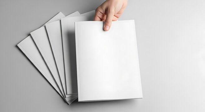 Hand holding a blank white paper sheet from a stack of brochures or flyers, ready for custom design or text, on a light grey background