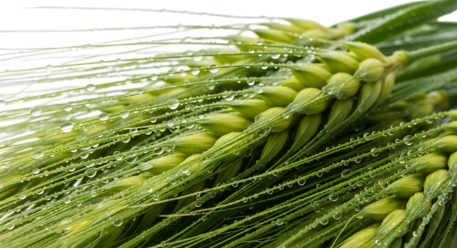 green wheat stalks, covered in water droplets, cutout, PNG isolated on transparent background