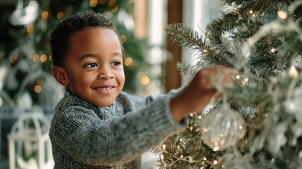 Portrait of smiling African-American boy decorating Christmas tree at home