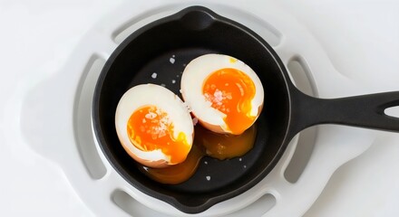 Rustic breakfast with soft-boiled eggs in cast-iron skillet for wholesome regenerative nutrition and mindful living design