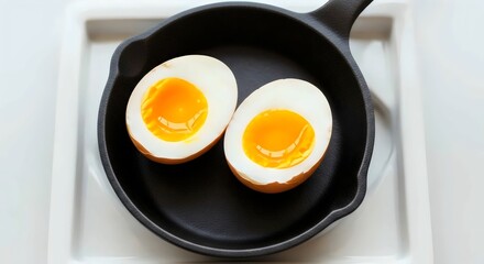 Healthy breakfast with soft-boiled eggs in cast-iron pan for wholesome nutrition and mindful minimalist lifestyle inspiration