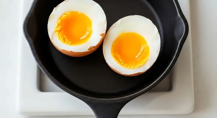 Protein-rich soft-boiled eggs in rustic cast-iron skillet for regenerative breakfast and sustainable wellness design