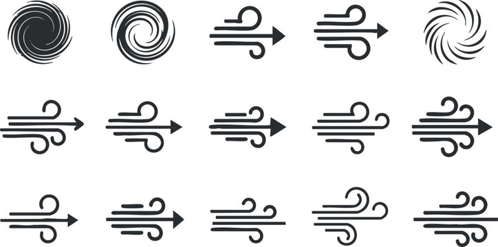 Modern vector icon set depicting various wind and air flow symbols for graphic design and branding projects
