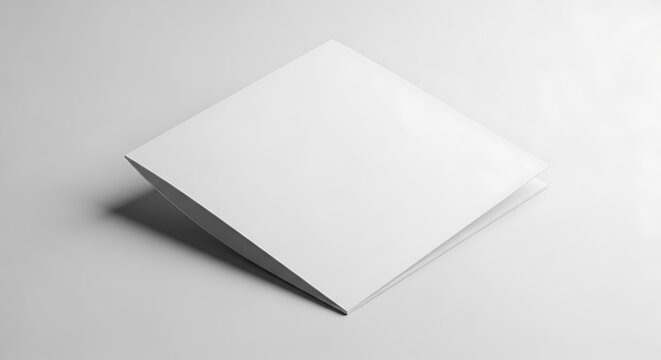Blank white square folded brochure or card mockup, standing slightly open, casting a subtle shadow, isolated on white background