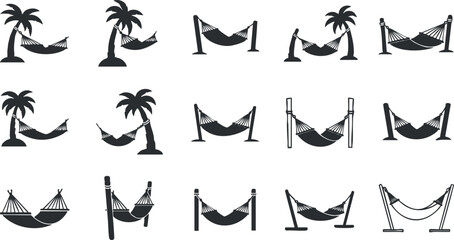 Obraz premium Collection of minimalist black and white vector icons featuring hammocks and palm trees for tropical-themed design projects
